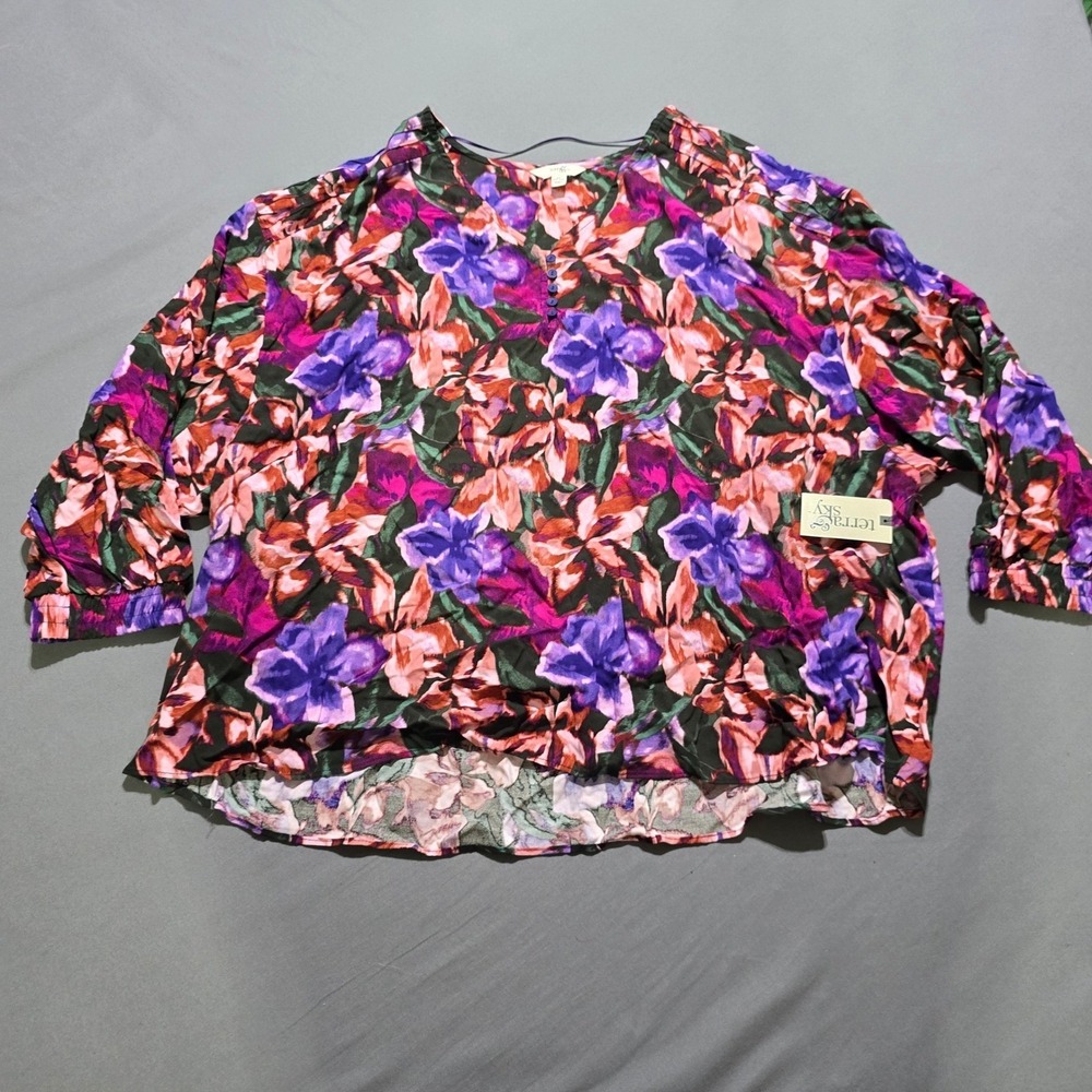 New‎ Terra & Sky Floral Blouse Womens 1X Purple Pink V-Neck 3/4 Sleeve Top